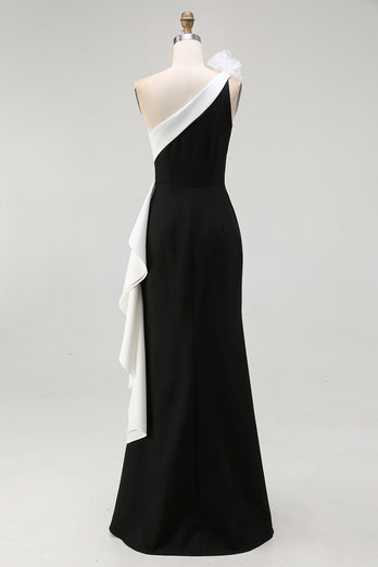 White One Shoulder Long Black Tie Dress with 3D Flowers