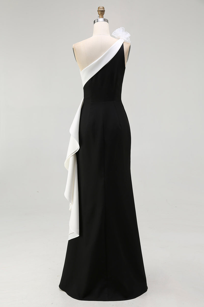Load image into Gallery viewer, White One Shoulder Long Black Tie Dress with 3D Flowers