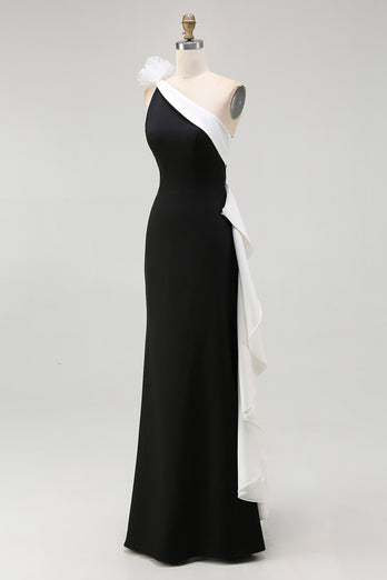 White and Black One Shoulder Long Formal Dress with 3D Flowers