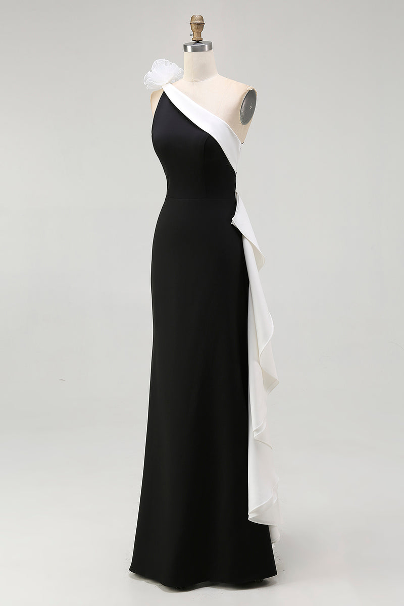 Load image into Gallery viewer, White and Black One Shoulder Long Formal Dress with 3D Flowers