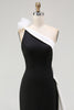 Load image into Gallery viewer, White and Black One Shoulder Long Formal Dress with 3D Flowers