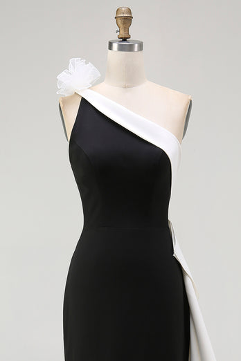 White and Black One Shoulder Long Formal Dress with 3D Flowers