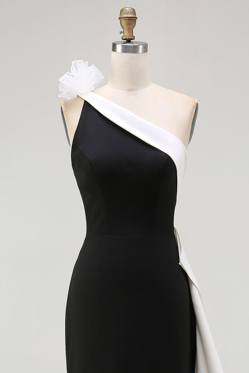Load image into Gallery viewer, White and Black One Shoulder Long Formal Dress with 3D Flowers