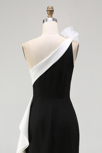 White and Black One Shoulder Long Formal Dress with 3D Flowers