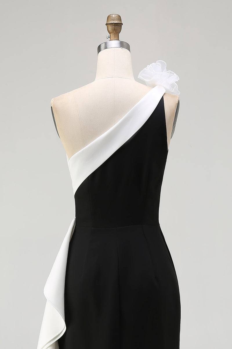 Load image into Gallery viewer, White and Black One Shoulder Long Formal Dress with 3D Flowers