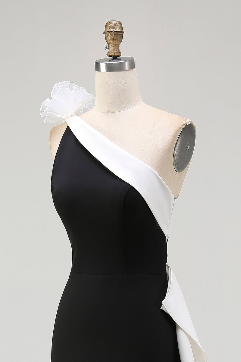 Load image into Gallery viewer, White and Black One Shoulder Long Formal Dress with 3D Flowers