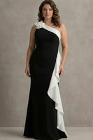 Load image into Gallery viewer, White and Black One Shoulder Long Formal Dress with 3D Flowers