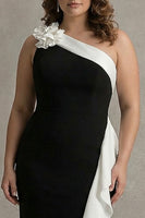 Load image into Gallery viewer, Plus Size Black White One Shoulder Long Black Tie Dress with 3D Flowers
