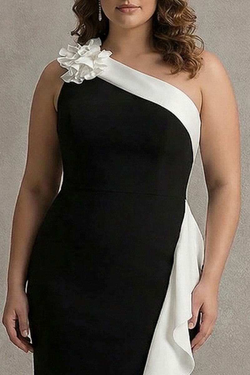 Load image into Gallery viewer, Plus Size Black White One Shoulder Long Black Tie Dress with 3D Flowers