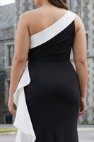 Load image into Gallery viewer, Plus Size Black White One Shoulder Long Black Tie Dress with 3D Flowers
