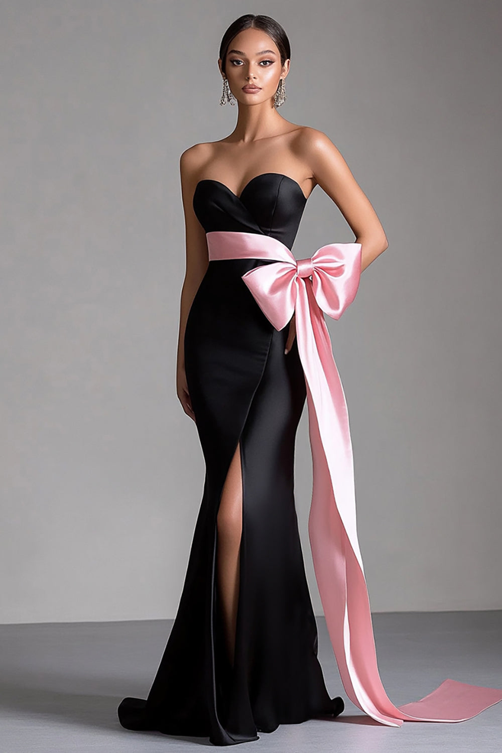 Pink Bowknot Long Black Tie Dress with Slit