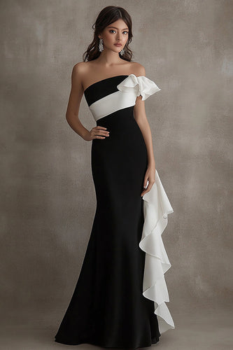 White Sheath Long Black Tie Dress with Ruffles