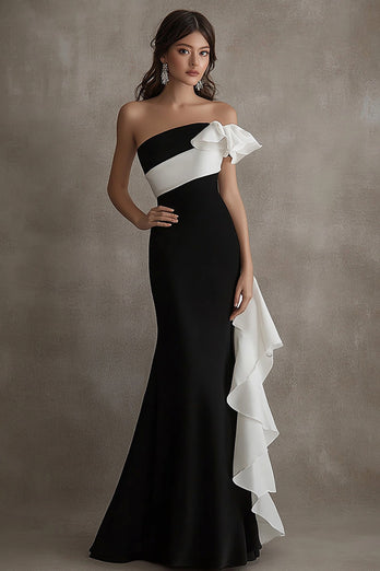 White Sheath Long Black Tie Dress with Ruffles
