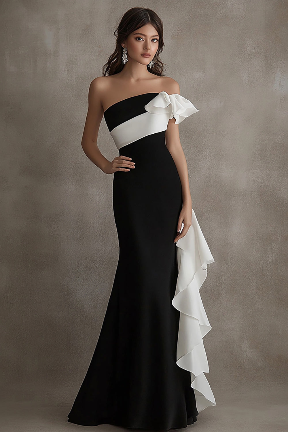 White Sheath Long Black Tie Dress with Ruffles