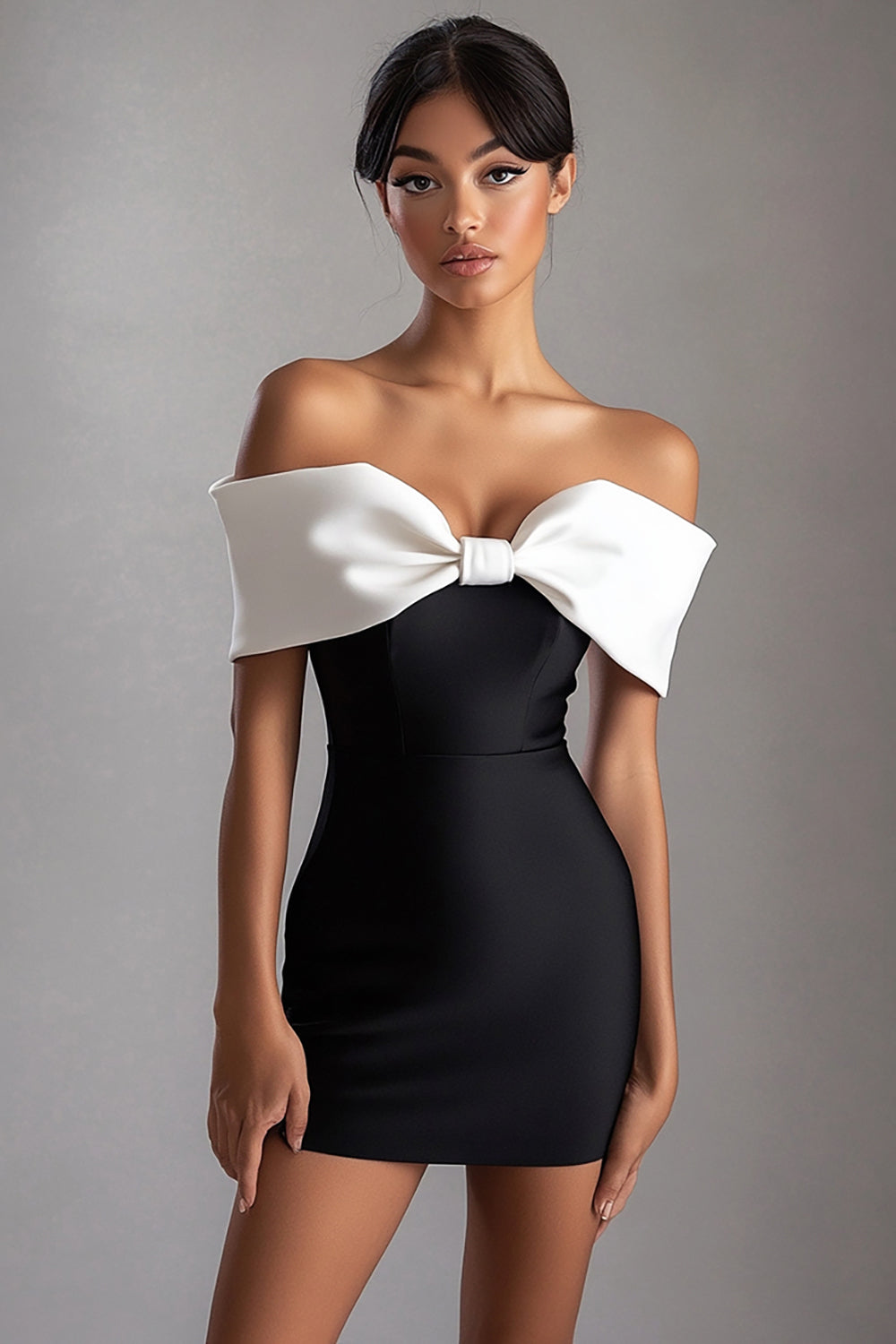 White Sheath Short Little Black Dress with Bow