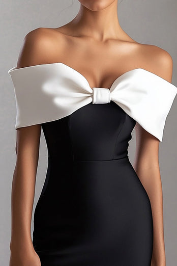 White Sheath Short Little Black Dress with Bow
