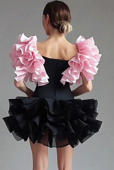 Square Neck Black Pink Ruched Short Little Black Dress