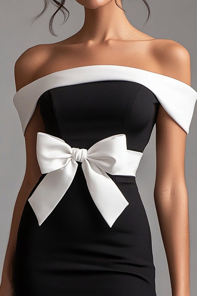 Load image into Gallery viewer, Black Off the Shoulder White Short Little Black Dress with Bow