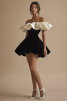 Load image into Gallery viewer, Off the Shoulder Ivory Short Little Black Dress with Ruffles
