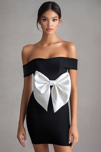 White Off the Shoulder Short Little Black Dress with Bow