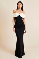 Load image into Gallery viewer, White Sheath Off the Shoulder Satin Long Black Tie Dress