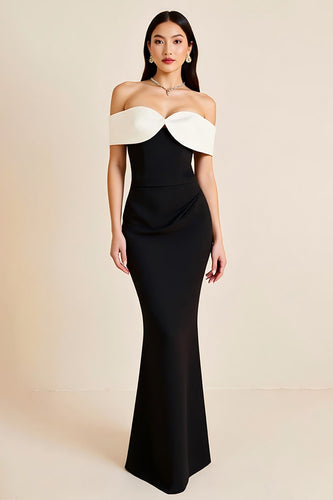 White Sheath Off the Shoulder Satin Long Black Tie Dress