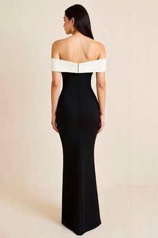 White Sheath Off the Shoulder Satin Long Black Tie Dress