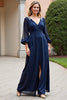 Load image into Gallery viewer, Navy Chiffon Long Sleeves Long Mother of the Bride Dress with Slit