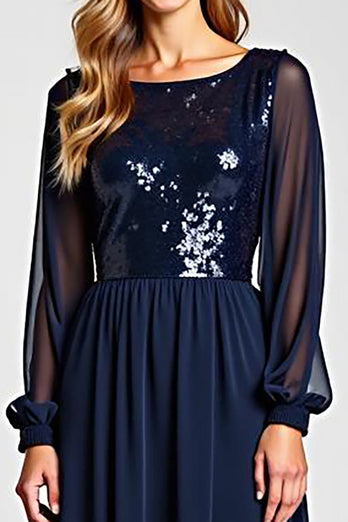 Navy Chiffon Long Sleeves Long Mother of the Bride Dress with Sequins