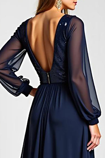 Navy Chiffon Long Sleeves Long Mother of the Bride Dress with Sequins