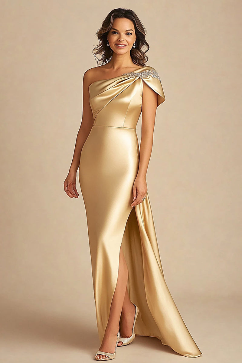 Load image into Gallery viewer, Gold One Shoulder Sheath Long Formal Dress with Slit