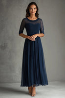 Load image into Gallery viewer, Scoop Navy Illusion Neck Long Formal Dress with Short Sleeves