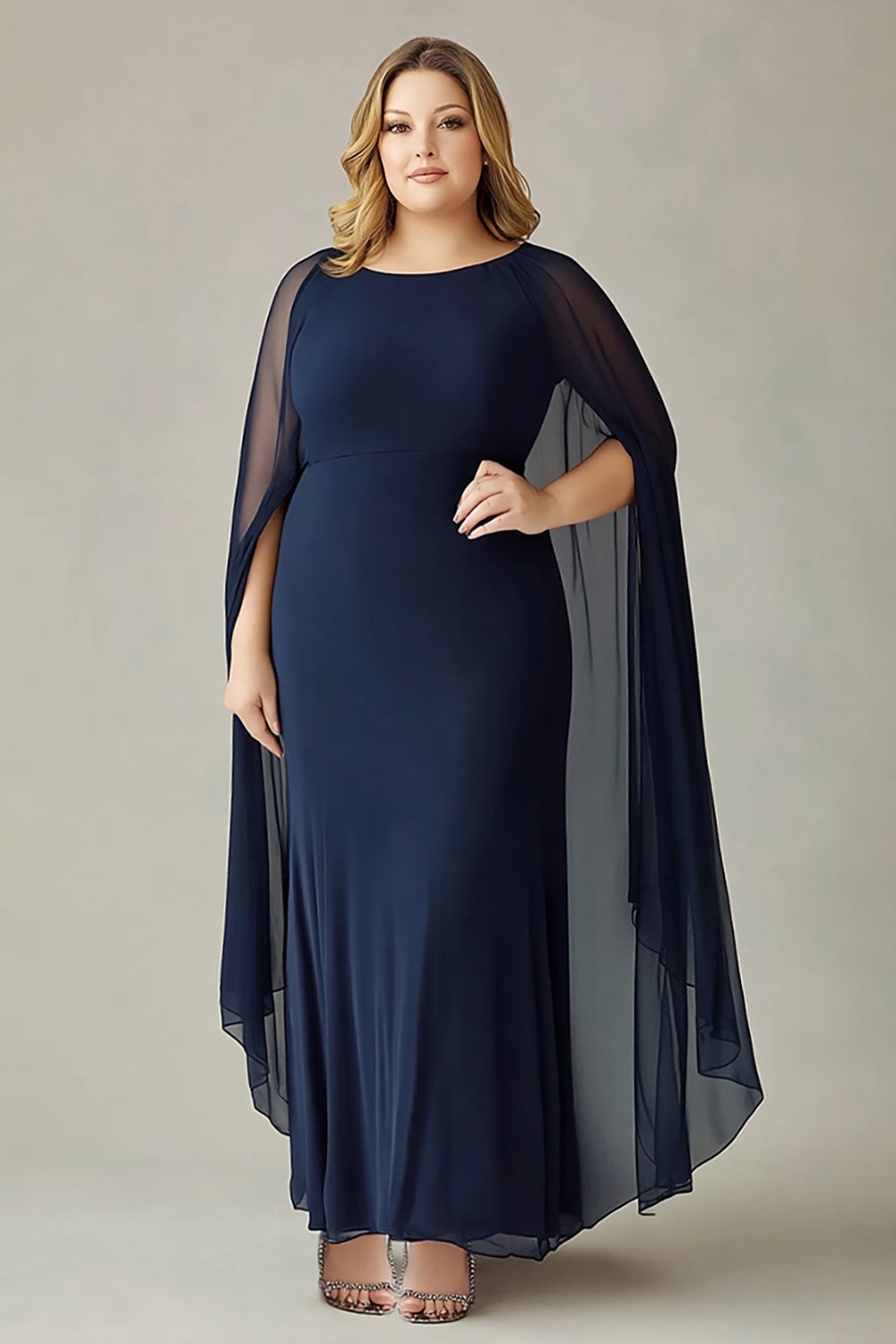 Navy Plus Size Chiffon Long Mother of the Bride Dress with Back Cape