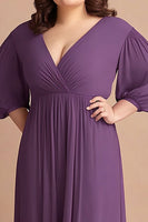 Load image into Gallery viewer, Plum Plus Size V-Neck Chiffon Long Mother of the Bride Dress with Long Sleeves