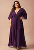 Load image into Gallery viewer, Dark Purple Plus Size V-Neck Chiffon Long Mother of the Bride Dress with Long Sleeves