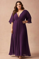 Load image into Gallery viewer, Dark Purple Plus Size V-Neck Chiffon Long Mother of the Bride Dress with Long Sleeves