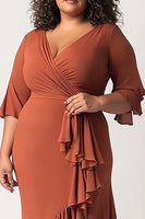 Load image into Gallery viewer, Terracotta Ruffled Half Sleeves Plus Size Long Mother of the Bride Dress
