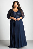 Load image into Gallery viewer, Plus Size Navy A Line V-Neck Long Mother of the Bride Dress