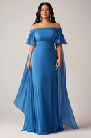 Load image into Gallery viewer, Blue Ruffled Chiffon Plus Size Long Mother of the Bride Dress