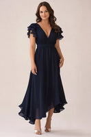 Load image into Gallery viewer, Navy V-Neck Chiffon Plus Size Long Mother of the Bride Dress
