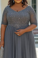 Load image into Gallery viewer, Grey A Line Appliqued Plus Size Long Mother of the Bride Dress