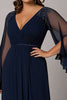 Load image into Gallery viewer, Navy V-Neck Sleeves Long Plus Size Mother of the Bride Dress