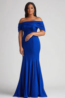 Load image into Gallery viewer, Royal Blue Off the Shoulder Satin Long Plus Size Mother of the Bride Dress