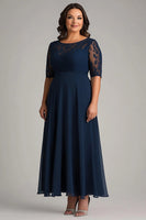 Load image into Gallery viewer, Navy Half Sleeves A Line Long Plus Size Mother of the Bride Dress