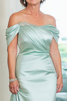 Load image into Gallery viewer, Mint Sheath Satin Off the Shoulder Long Mother of the Bride Dress