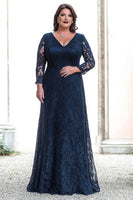 Load image into Gallery viewer, Plus Size Navy Sheath Lace V-Neck Long Mother of the Bride Dress with Sleeves