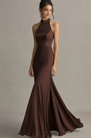 Load image into Gallery viewer, Coffee Satin Halter Mermaid Backless Long Evening Dress