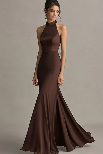 Coffee Satin Halter Mermaid Backless Long Evening Dress