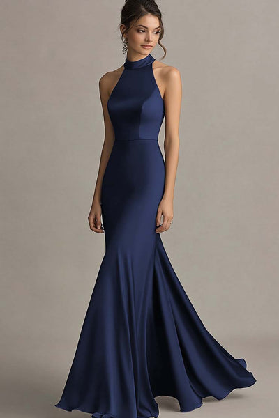 Dark Navy Halter Mermaid Satin Backless Long Evening Dress