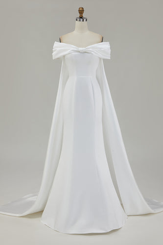 Ivory Bow Front Satin Mermaid Maxi Wedding Ceremony Dress with Cape